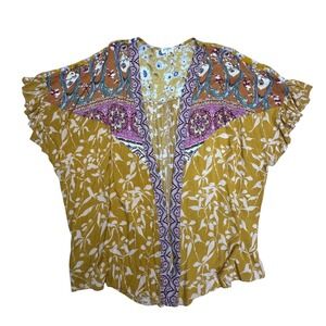 Umgee Blouse Womens S/M Multicolor Floral Kimono Sleeve Boho Rayon Tunic Top